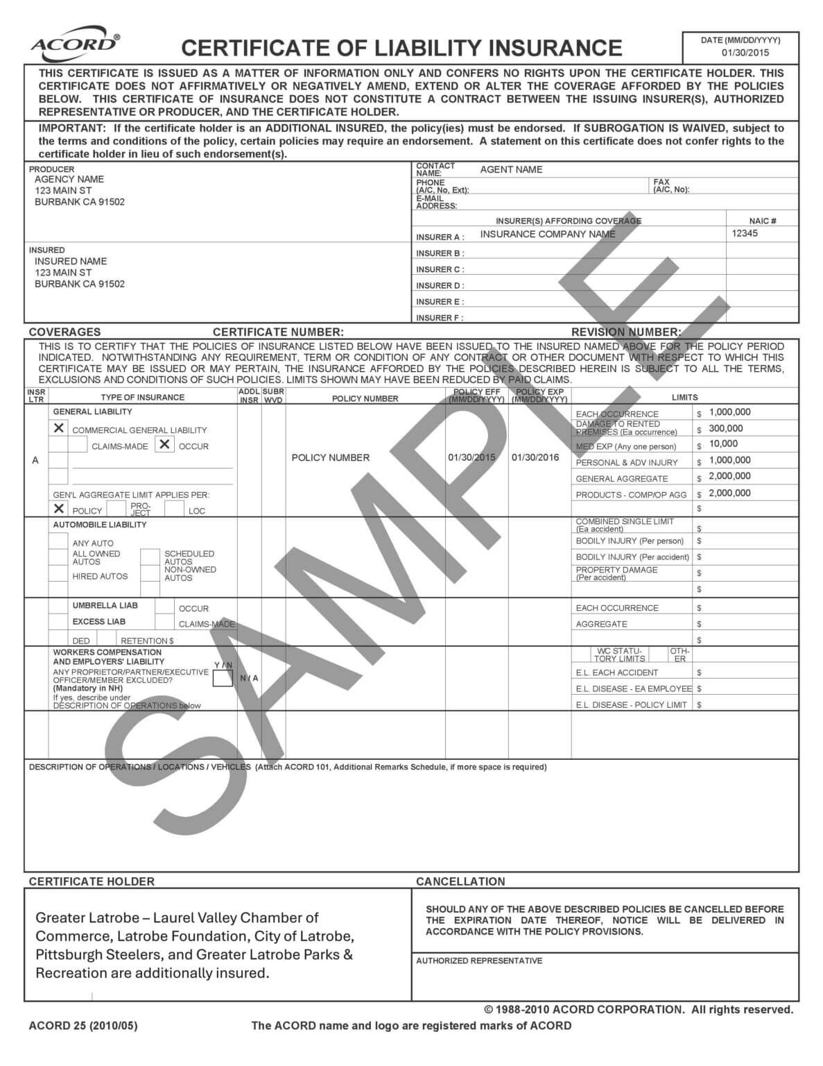 Sample Certificate Of Insurance - Greater Latrobe-Laurel Valley ...